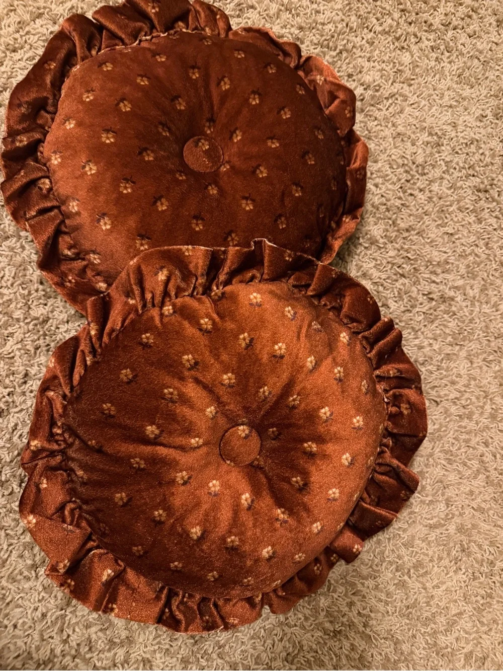 Vintage Velvet Ruffled Tufted Throw Pillows Pair Boho Cottagecore 70s 2 PC